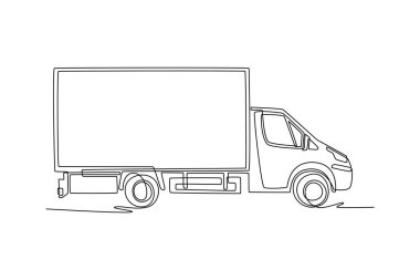 Tek sıra halinde modern hafif ticari kamyonet ya da teslimat kamyonu çekiyor. Şehir lojistik ve kurye hizmetlerinde kullanılan büyük bir depo. Dinamik bir çizgi çizer grafik tasarım vektörü çizer