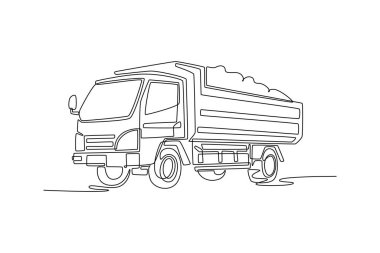 Tek sıra halinde orta büyüklükte malzeme dolu bir çöp kamyonu. İnşaat temalı ikon, endüstriyel markalaşma, lojistik yayın içeriği. Bir çizgi çizimi grafik tasarım vektör çizimi