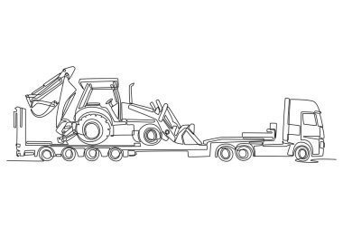 Düşük yükleyicili bir römorkta endüstriyel kazıcı taşıyan ağır yük kamyonu çeken tek bir hat. İnşaat lojistik ve nakliye. Aralıksız çizgi çizimi tasarım grafik vektör çizimi