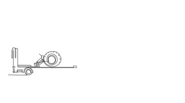 Sürekli çizilen kendi kendine çizim, düşük yükleyicili bir römorkta endüstriyel kazıcı taşıyan ağır yük kamyonu çekiyor. İnşaat lojistik ve nakliye. Tam uzunluktaki tek çizgi canlandırması