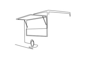 Sürekli çizilen çizimler, açık servis penceresi olan seyyar yemek kamyonunu çekiyor. Sokak yemekleri kültürü, perakende sektörü ve ticari catering lojistiği. Tam uzunluktaki tek çizgi canlandırması