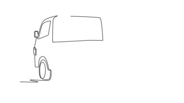 Aralıksız çizilen çizgi, düz kamyoneti dikiz aynasından çeker. Ticari hizmet taşımacılığı, yerel kargo teslimat lojistiği, nakliye hizmetleri. Tam uzunluktaki bir çizgi canlandırması