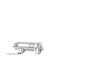 Tek çizgili otomasyon, inşaat alanına kum boşaltan sanayi tipi çöp kamyonunu çekiyor. Ağır makineler ve inşaat mühendisliği projeleri. Devamlı bir çizgi. Tam uzunluk canlandırması