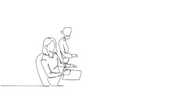 Sürekli kendini çizen animasyon, stratejik bir konferansa katılan beş kadını kendine çekiyor. Meslektaşlar dizüstü bilgisayarlara ve notlara odaklanırken merkezi figür yönlendirme sohbeti. Tam uzunluktaki bir çizgi canlandırması