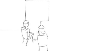 Suudi iş adamının yarı daire şeklinde sunum yapması için sürekli çizdiği animasyon çizimi. Orta Doğu ofisinde öğrenme ya da eğitim seansı. Tam uzunluktaki bir çizgi canlandırması