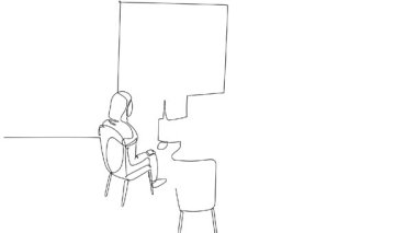 Tek satırın kendi kendine çizimi tesettürdeki Arap kadın sunucuyu bir grup katılımcı için bir atölyeye yönlendiriyor. Özel iletişim ve beyin fırtınası. Devamlı bir çizgi. Tam uzunluk canlandırması