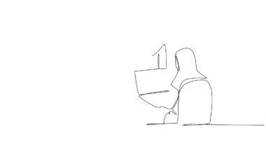 Tek satırın kendi kendine çizimi toplantı masasında işbirliği yapan üç resmi Arap kadını kendine çekiyor. Profesyonel tartışma ve çeşitli kadın takım çalışması. Devamlı bir çizgi. Tam uzunluk canlandırması