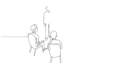 Sürekli çizimin animasyonlu çizimi, çeşitli iş arkadaşları için bir atölye çalışması düzenleyen profesyonel erkek sunucuyu kendine çekiyor. Takım çalışması tartışması. Tam uzunluktaki tek çizgi canlandırması