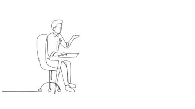 İş toplantısında, erkek meslektaşlarının konferans masasında şirket stratejisini tartıştıklarını gösteren, sürekli olarak kendini çizen animasyon, üç resmi adamı bir araya getirdi. Tam uzunluktaki tek çizgi canlandırması