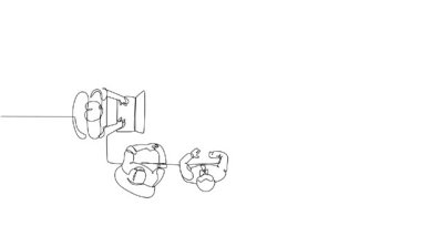 Sürekli çizimin animasyonlu kendini çizimi masa etrafında işbirliği yapan altı profesyoneli yüksek açılı görüntüye çekiyor. Dizüstü bilgisayarla çalışan çeşitli kadın ve erkekler. Tam uzunluktaki tek çizgi canlandırması