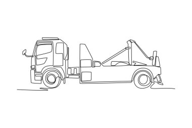 Tek sıra halinde profesyonel ağır yük kamyonunu yandan çekiyorlar. Çekme ve yol kenarı kurtarma için kullanılan ticari kurtarma aracı. Bir çizgi çizimi grafik tasarım vektör çizimi