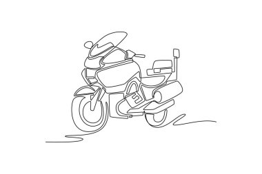 Tek sıra halinde, depolama kutuları ve acil durum ışıklarıyla donatılmış profesyonel sağlık görevlisi motosikleti çekiyor. Motorun hızı ve hareket kabiliyeti. Dinamik bir çizgi çizer grafik tasarım vektörü çizer