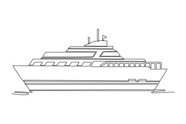 Tek sıra halinde çok katlı lüks bir yat ya da suda süzülen özel bir kruvazör. Sofistike ve lüks deniz seyahati. Aralıksız çizgi çizimi tasarım grafik vektör çizimi