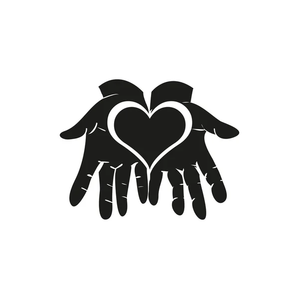 Pictogramme noir de coeur dans les mains sur blanc — Image vectorielle