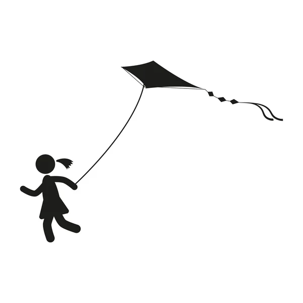Fille avec cerf-volant, noir et blanc, sur le vent, soufflant — Image vectorielle