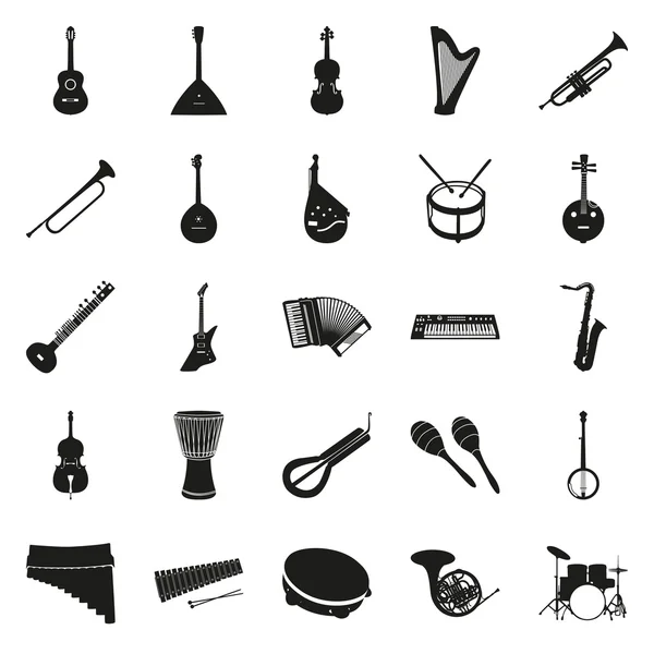 Collection of black musical instruments — Stock Vector