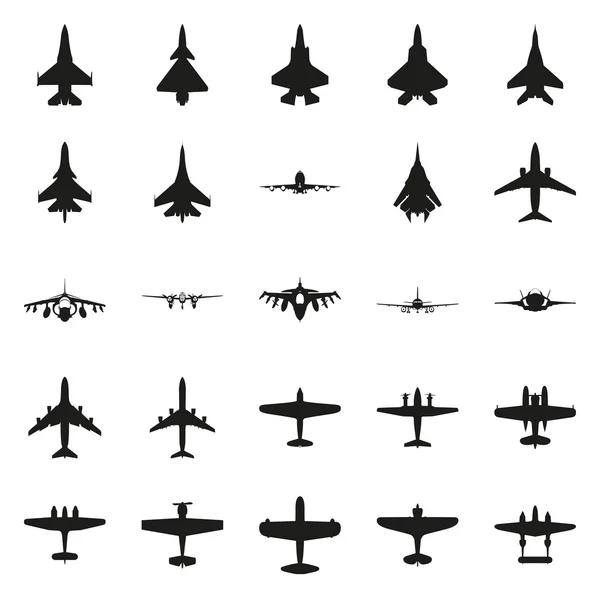 Ensemble d'icônes d'avions vecteurs monochromes différents — Image vectorielle