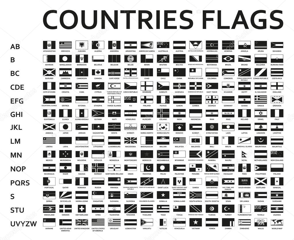 Alphabetically sorted monochrome or black flags of the world with official and detailed emblems. Simple black icon isolated on white background. Vector illustration.