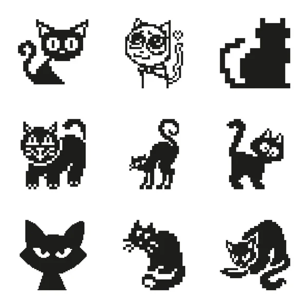Set di pixel cat in semplice stile nero minimale — Vettoriale Stock