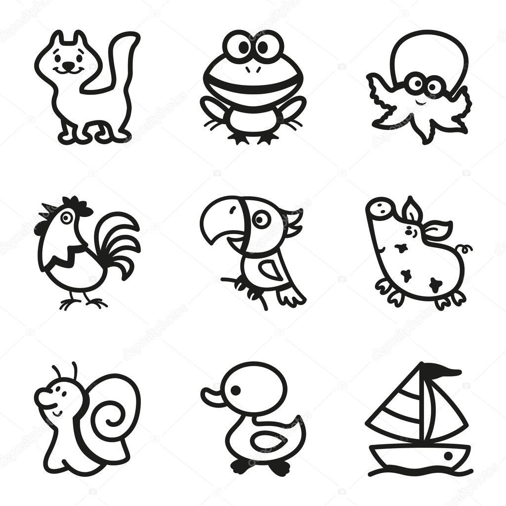 Kleurplaat eenvoudig tekeningen van dieren pictogrammenset ...