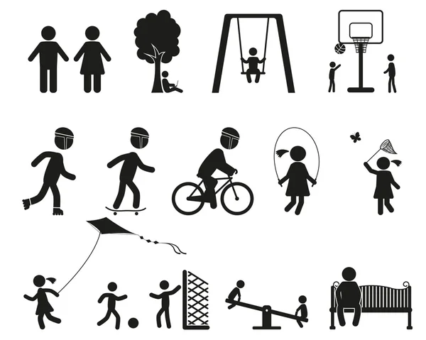 Parque infantil y los niños negro conjunto de iconos simples — Vector de stock