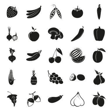 Vejetaryen lezzetli yemekler siyah basit Icons set