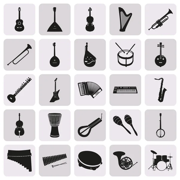 Simple black silhouettes of musical instruments — Stock Vector