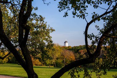Mavi gökyüzünün arkasındaki ağaçların arkasında eski bir Rus kilisesi, Kolomenskoye Parkı, Moskova.