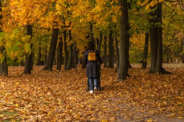 11.10.2020, Moskova, Rusya. Bir grup insan sonbahar tarihi parkında dolanıyor..