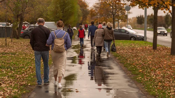 2020 Moscow Russia Group People Walking Road Raining Stock Photo