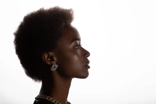 Ritratto ravvicinato di donna afro-americana nera con acconciatura afro su sfondo bianco — Foto Stock