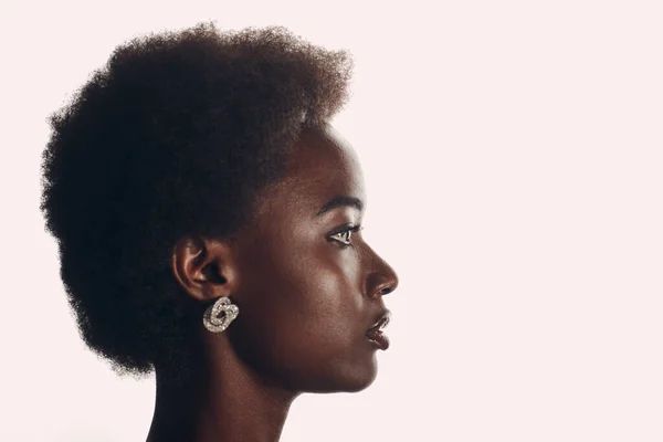 Ritratto ravvicinato di donna afro americana con acconciatura afro su sfondo bianco studio — Foto Stock