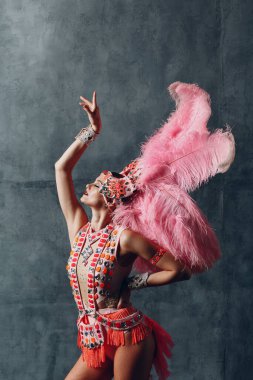 Samba ya da lambada tüylü pembe tüylü bir kadın.