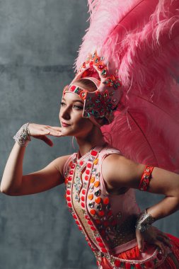 Samba ya da lambada tüylü pembe tüylü bir kadın.