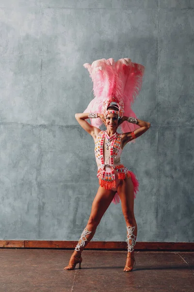 Frau im Samba- oder Lambada-Kostüm mit rosa Federkleid — Stockfoto