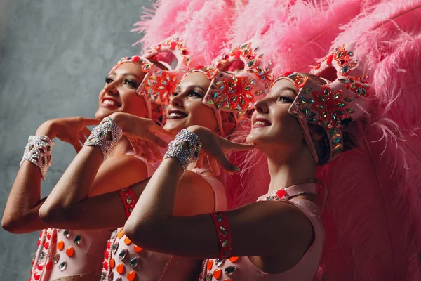 Retrato de perfil de tres mujeres en traje de samba o lambada con plumaje de plumas rosas —  Fotos de Stock