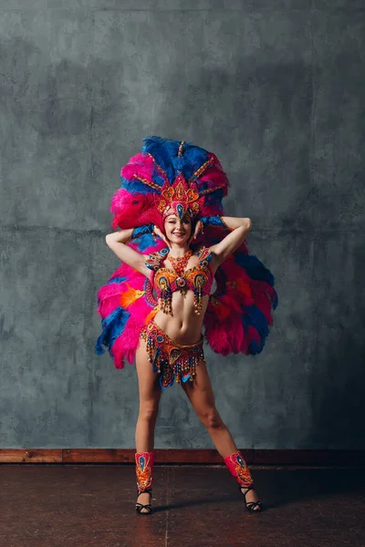 Mujer en traje de carnaval de samba brasileña con plumaje de plumas de colores —  Fotos de Stock