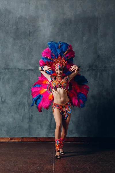 Mujer en traje de carnaval de samba brasileña con plumaje de plumas de colores —  Fotos de Stock