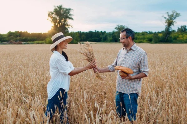 Uomo e donna in cappello di paglia con covoni di spighe di frumento e pane in campo agricolo — Foto Stock