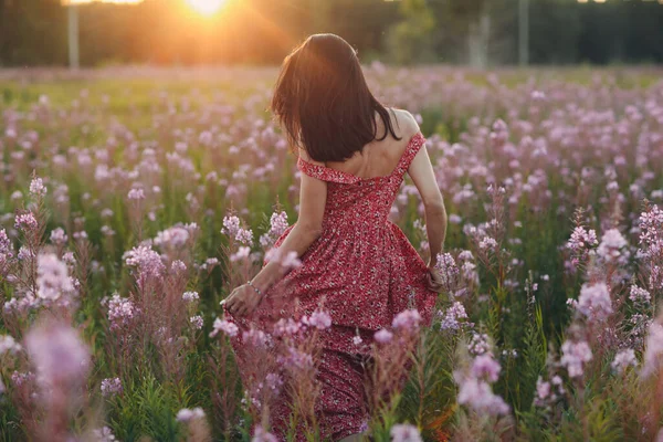 Ragazza in fiore campo di fiori di Sally al tramonto. Fiori lilla e donna. — Foto Stock