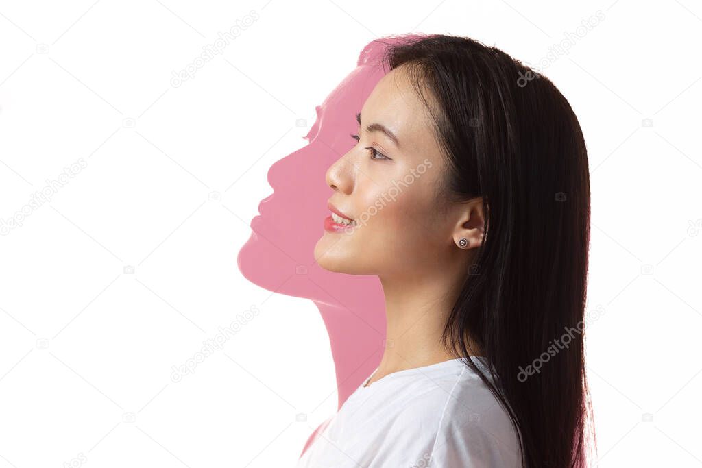 Multiple exposure portrait of asian woman with positive smile and serious sad facial expression. Mental health, depression and emotions concept.