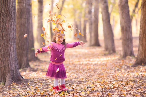 Cute little girl w jesiennym parku z pomarańczowym i żółtym kolorze liści — Zdjęcie stockowe