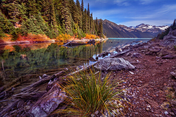 Snow-capped mountains and  lake