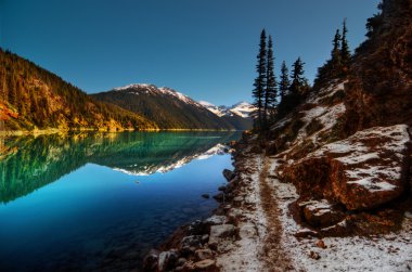 Clear lake, pine trees and mountains clipart