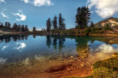 Açık göl, çam ağaçları ve dağlar