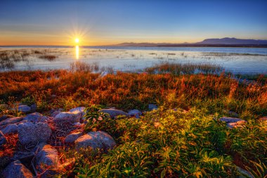 Çimenli ve kayalık sahil üzerinde muhteşem günbatımı