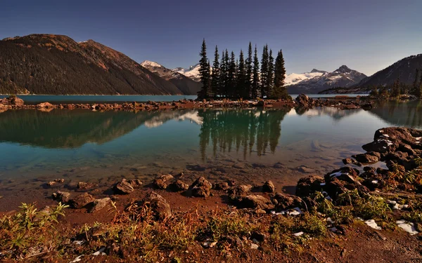 Lago limpido, pini e montagne — Foto Stock