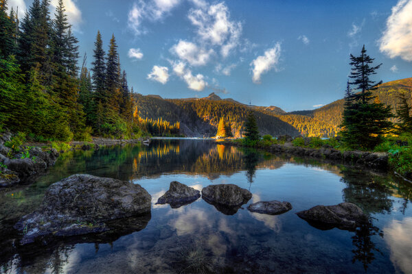 Clear lake, pine trees and mountains