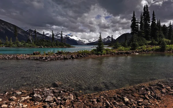 Klarer See, Kiefern und Berge — Stockfoto