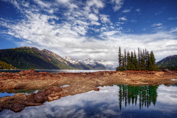 Clear lake, pine trees and mountains